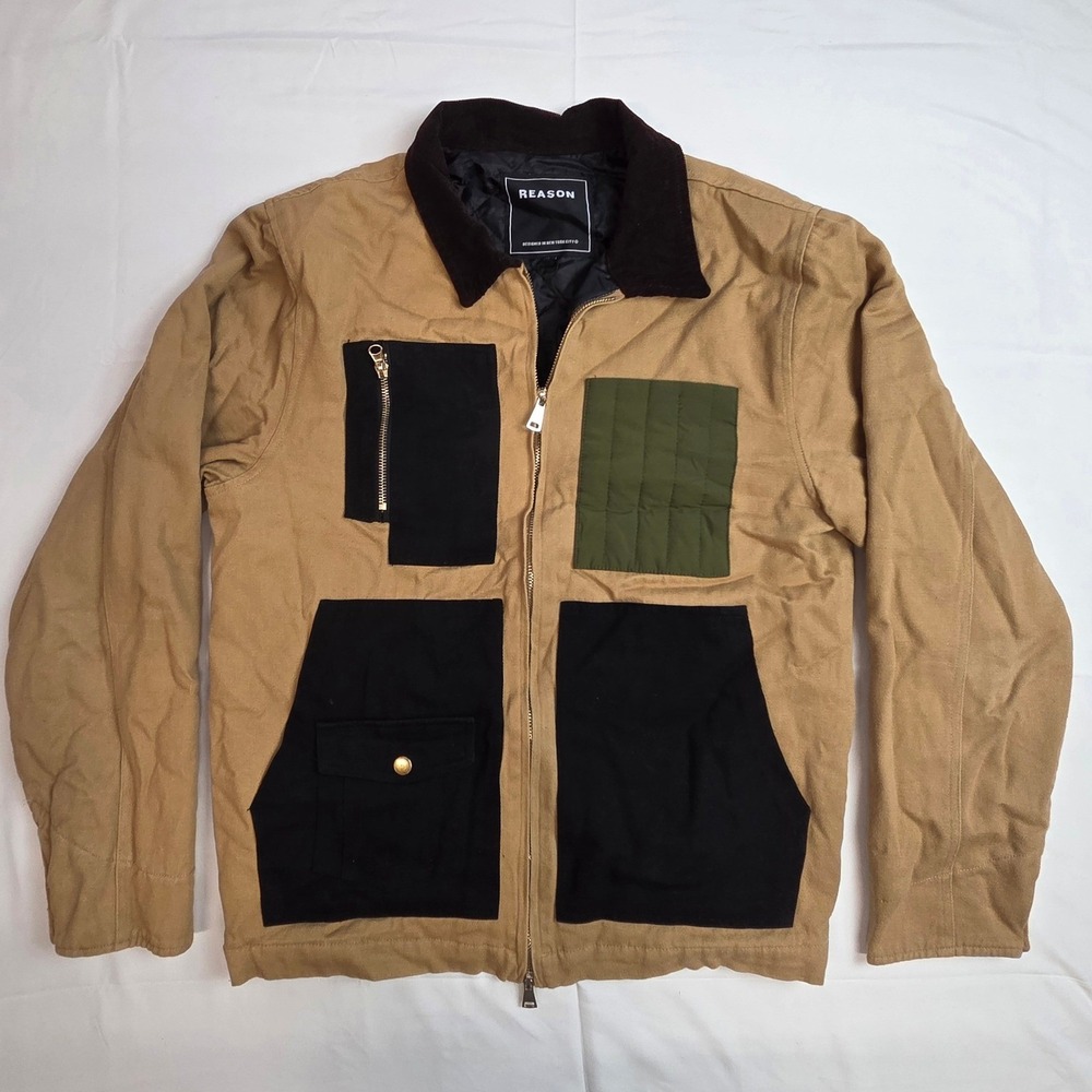 Reason Work Jacket Mens Medium Tan Black Excellent Patchwork Quilted Canvas Coat